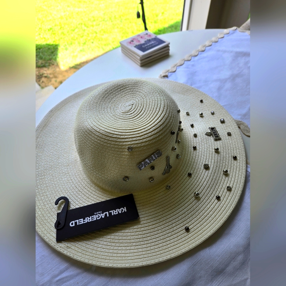 Karl Lagerfeld Cream Wide Brim Hat, Beach - Picture 2 of 7